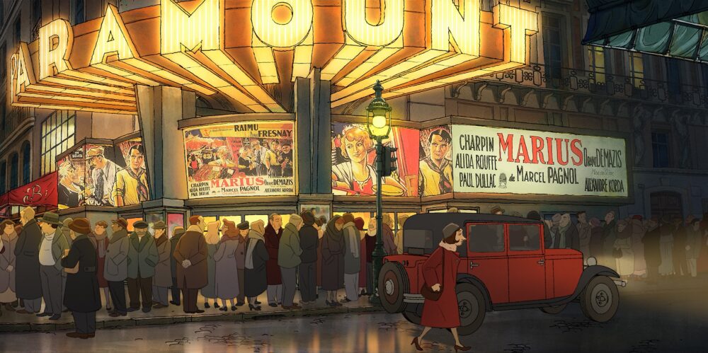 Animated movie scene of a Parisian cinema showing "Marius" with a crowd waiting outside.