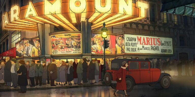 Animated movie scene of a Parisian cinema showing "Marius" with a crowd waiting outside.