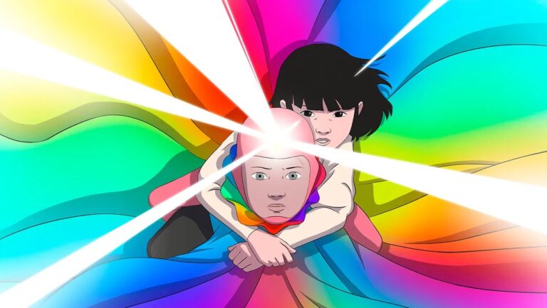 Arco image showing two animated figures embracing amidst a vibrant rainbow of colors and bright light.