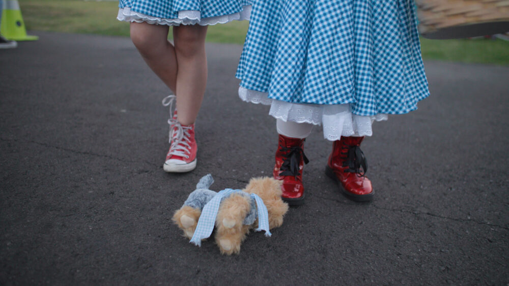 Dorothy costumes with red shoes and Toto stuffed animal