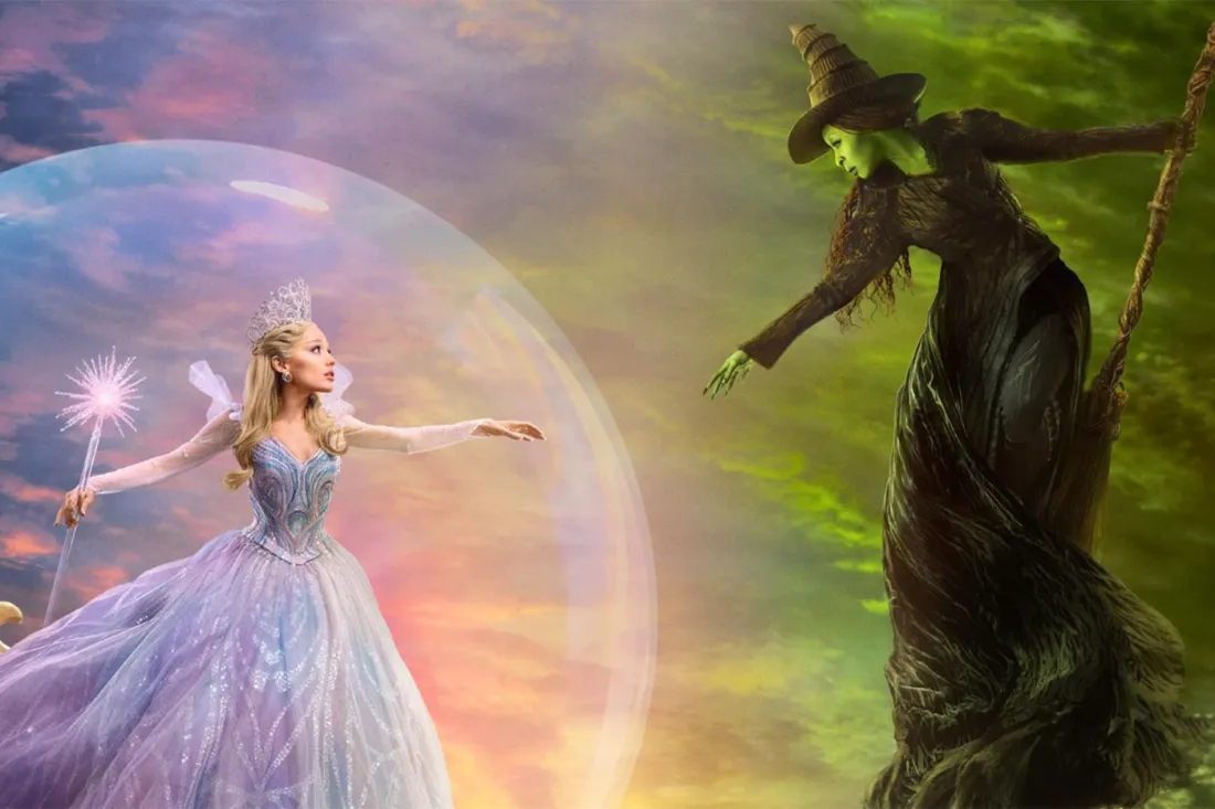 Glinda and Elphaba face off in Wicked movie poster.
